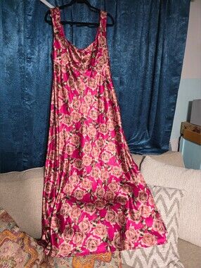 Wild fable Hot Pink Rose-Print Satin Maxi Dress